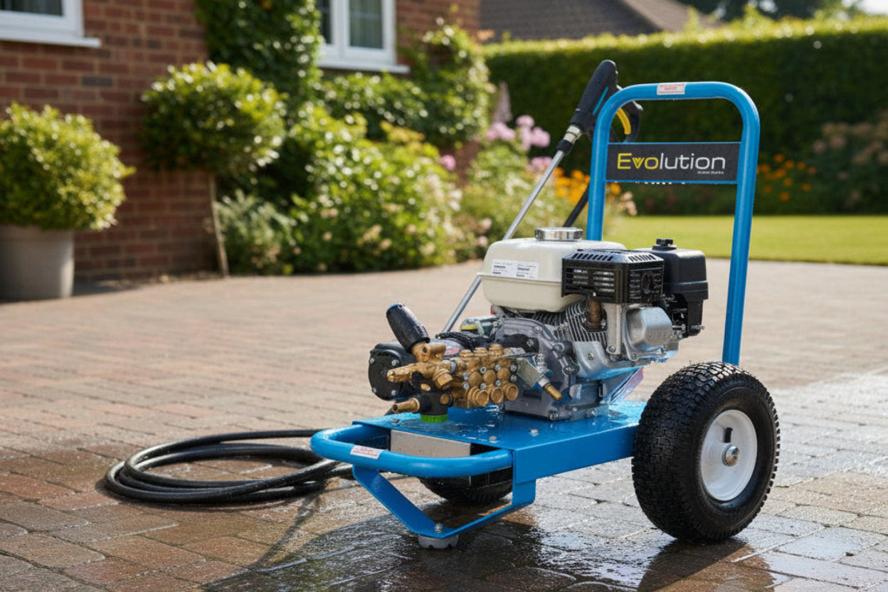 Evolution pressure washer outside on a brick floor in the sun