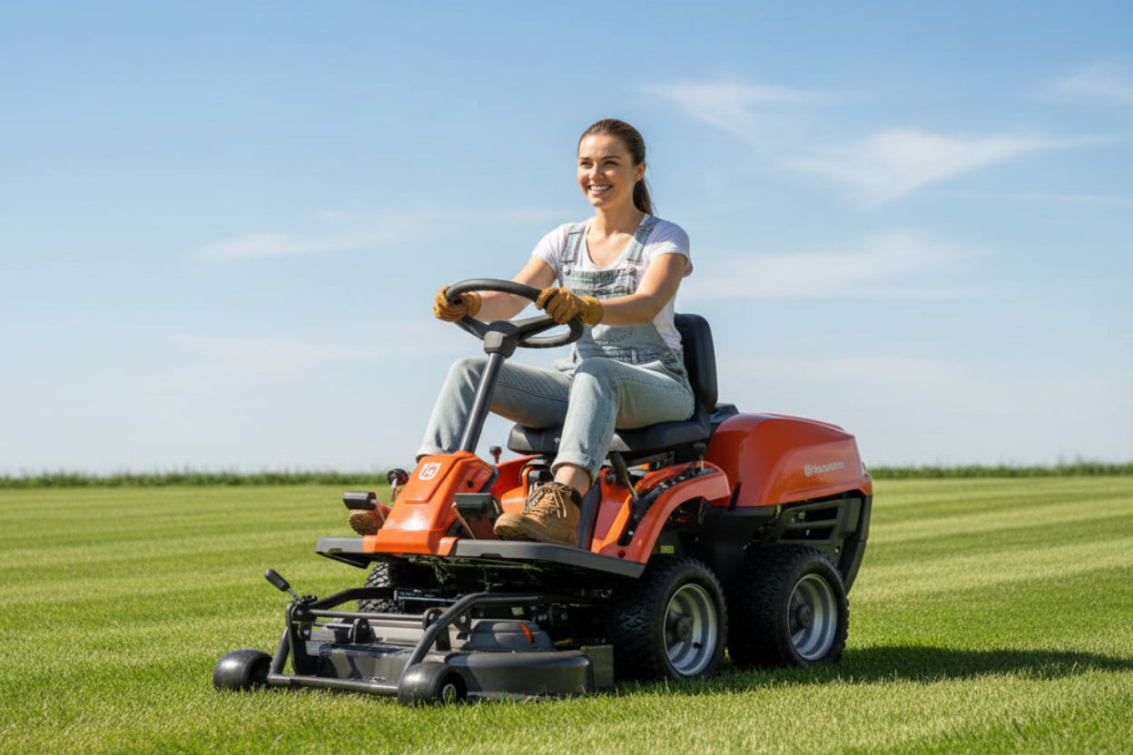 Orange and black riding husqvarna lawn mower on a white background