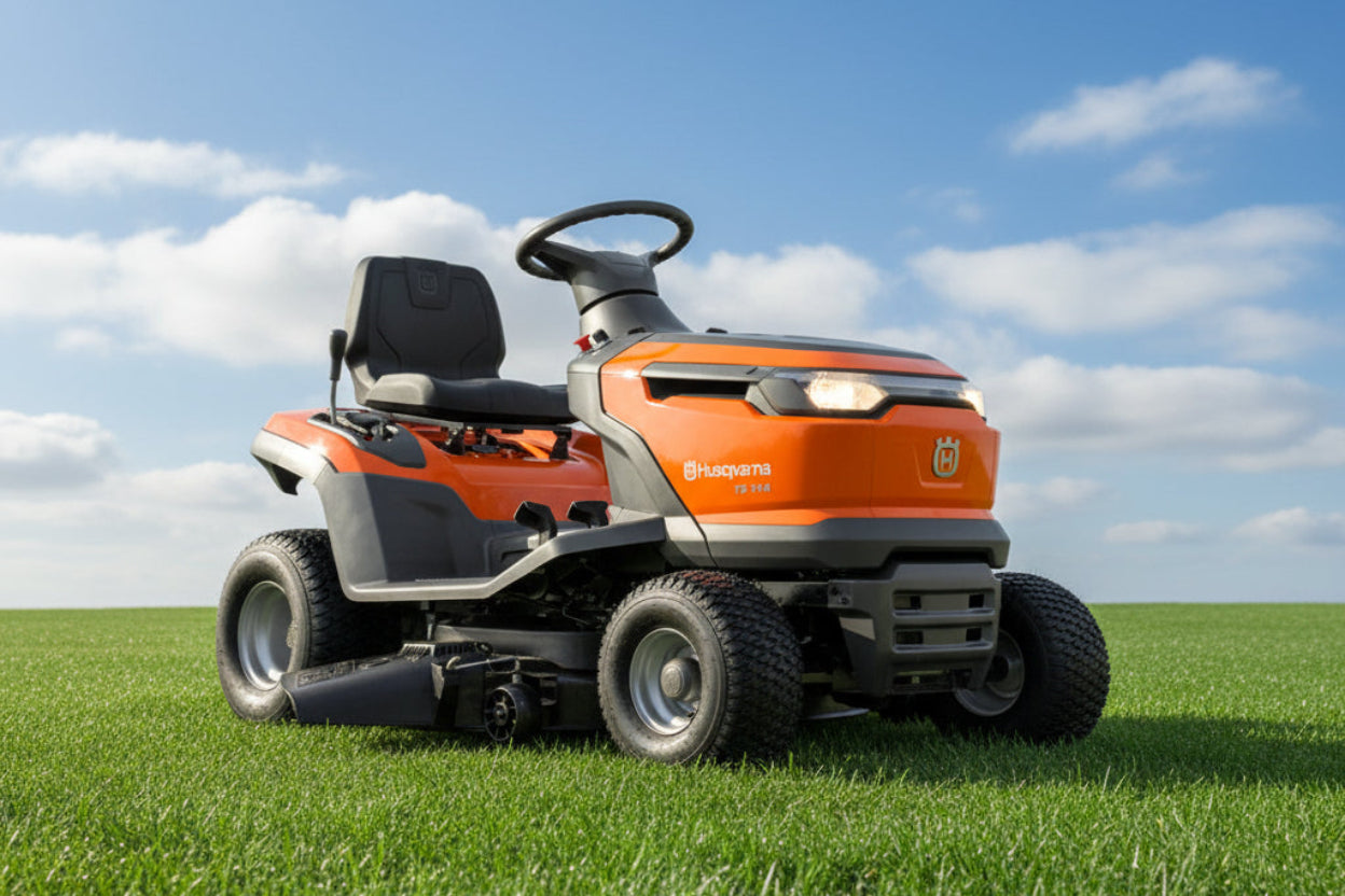 An orange and gray Husqvarna riding lawn mower parked on a green grass field under a blue sky with white clouds.