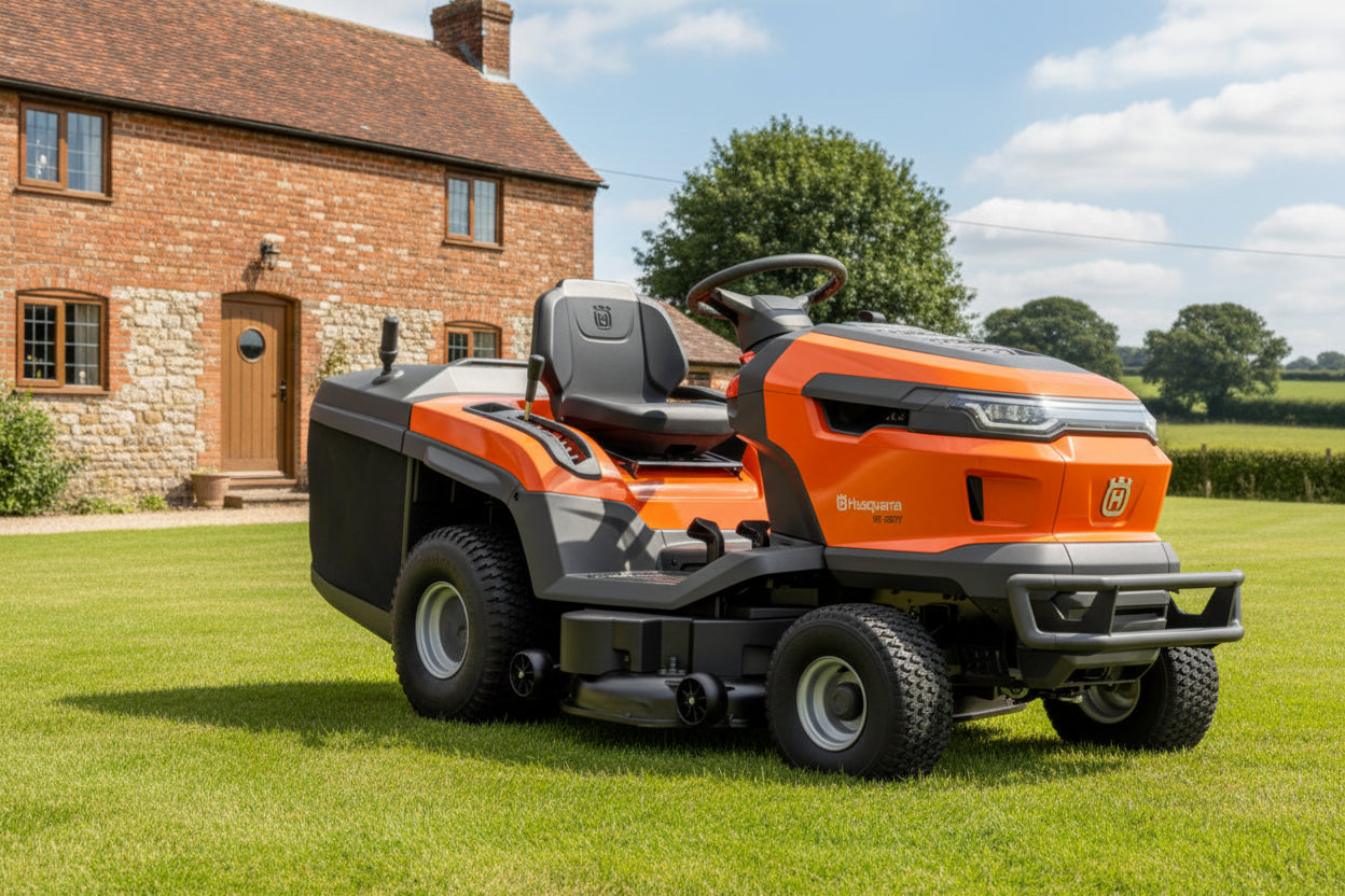 An orange and black Husqvarna riding lawn mower parked on a green lawn in front of a brick house under a blue sky.