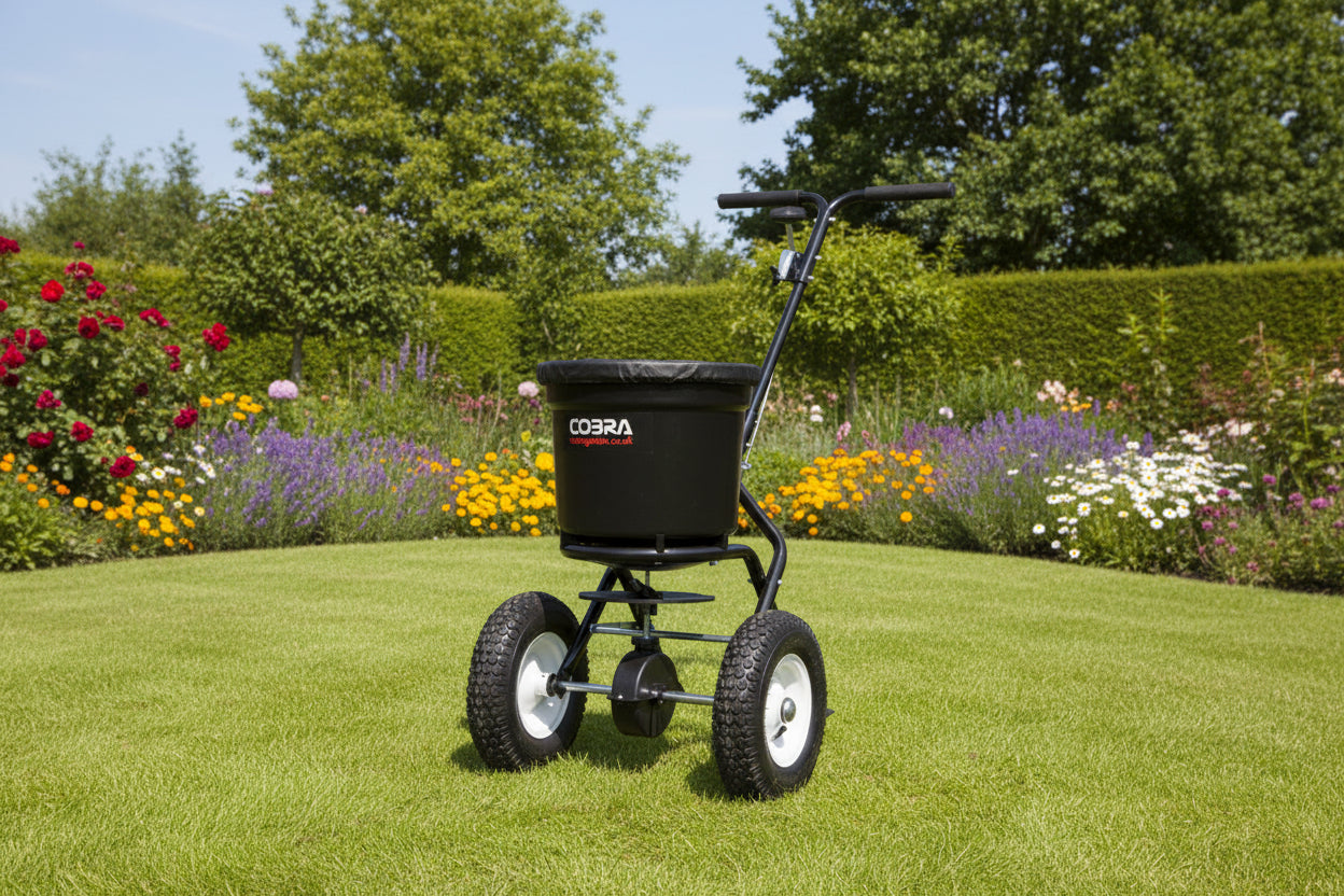 A black Cobra broadcast spreader with a large hopper, three wheels, and a handle.