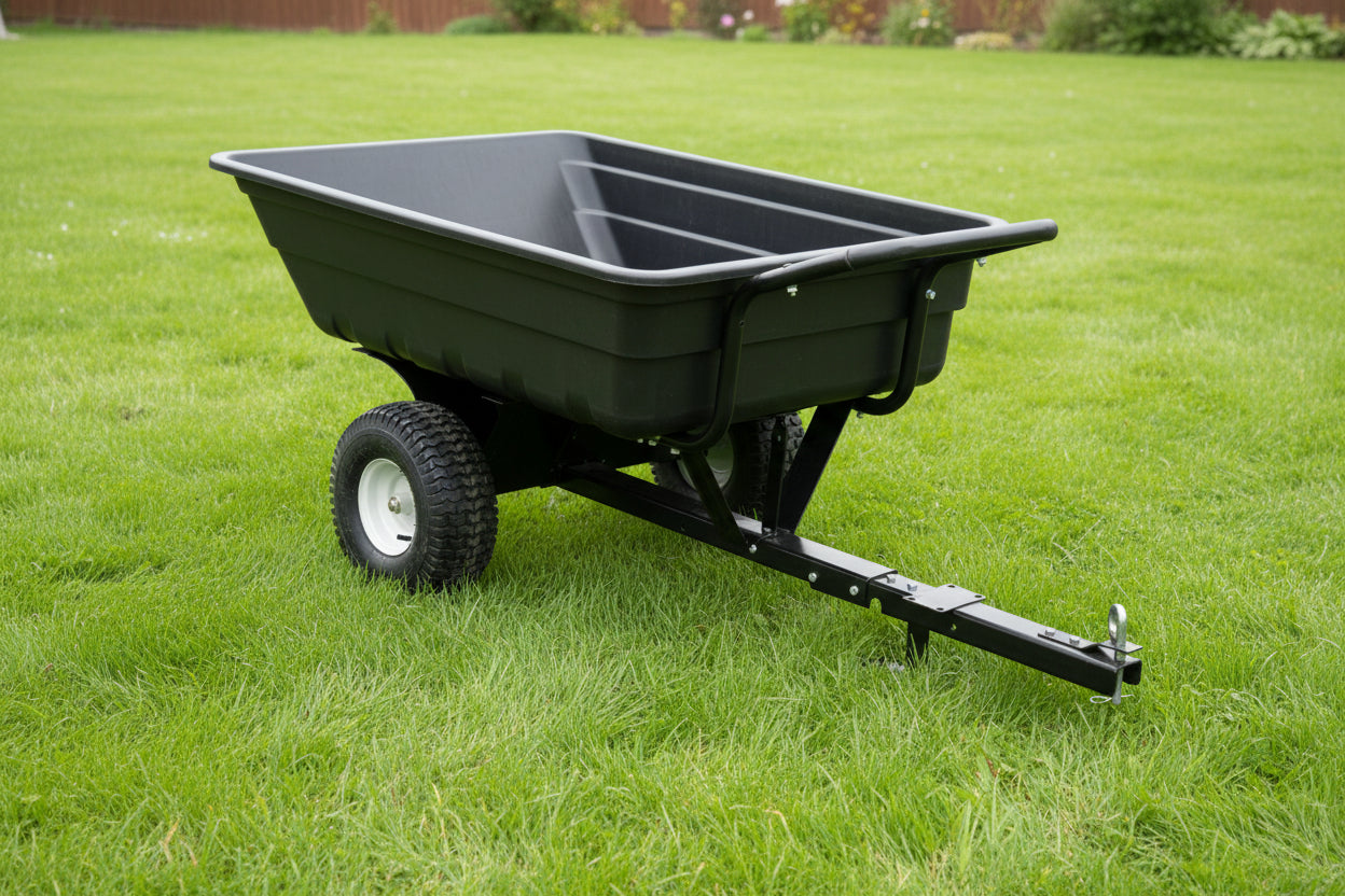 A black plastic garden wheelbarrow with a single black tire and a long metal hitch tongue, shown on a plain white background.