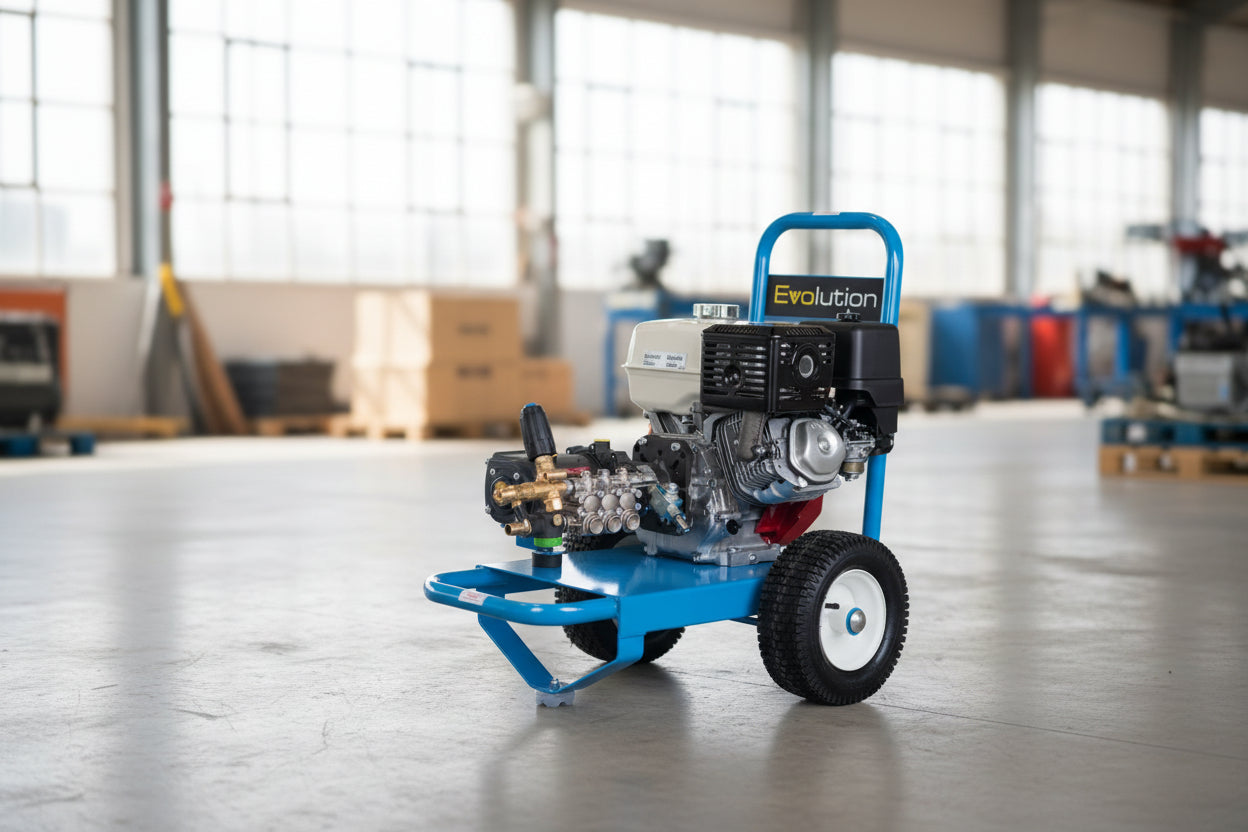 A blue and black Evolution brand high-pressure water pump with a gasoline engine, mounted on a wheeled metal cart, shown against a plain white background.