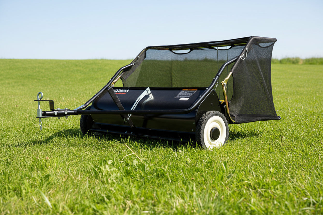 A black commercial snowblower with a large black scoop bucket, dual wheels with white sidewalls, and a hitch on the front, shown against a plain white background.