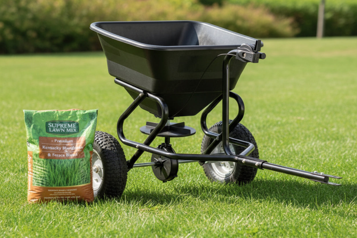 Lawn mix spreader with some supreme lawn mix next to it