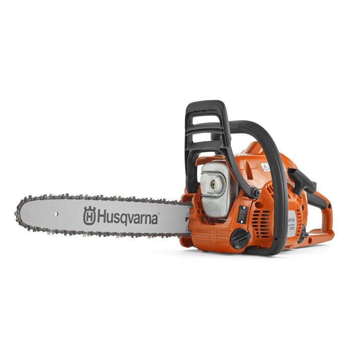 A Husqvarna chainsaw with an orange body, black handle, and silver guide bar, shown from a side profile on a solid white background.
