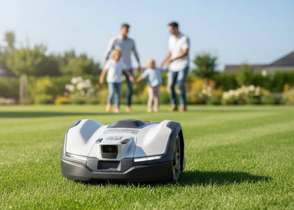 A white and gray robotic lawnmower is shown in sharp focus on a green lawn, with a blurred family standing in the background on the lawn.