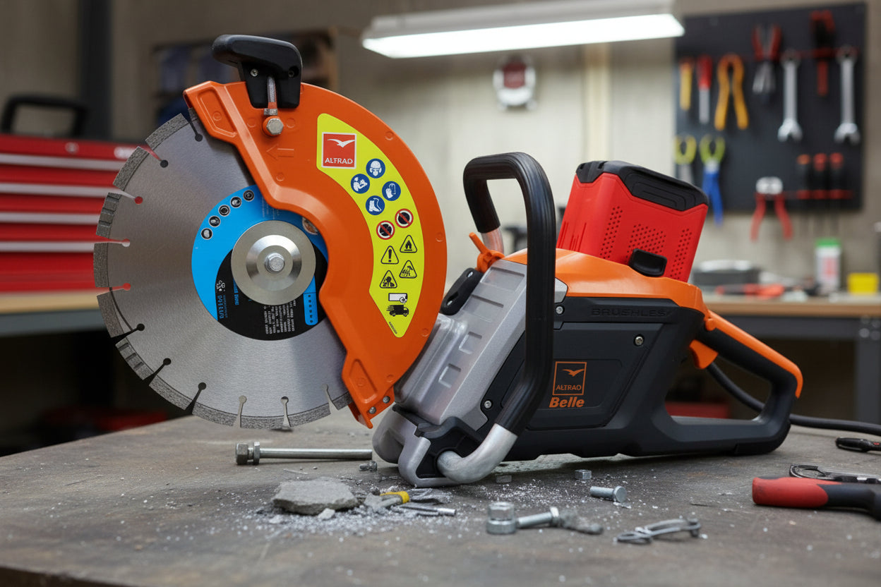 A cordless circular saw with a diamond blade, featuring an orange and black body with a red battery pack, shown on a white background.