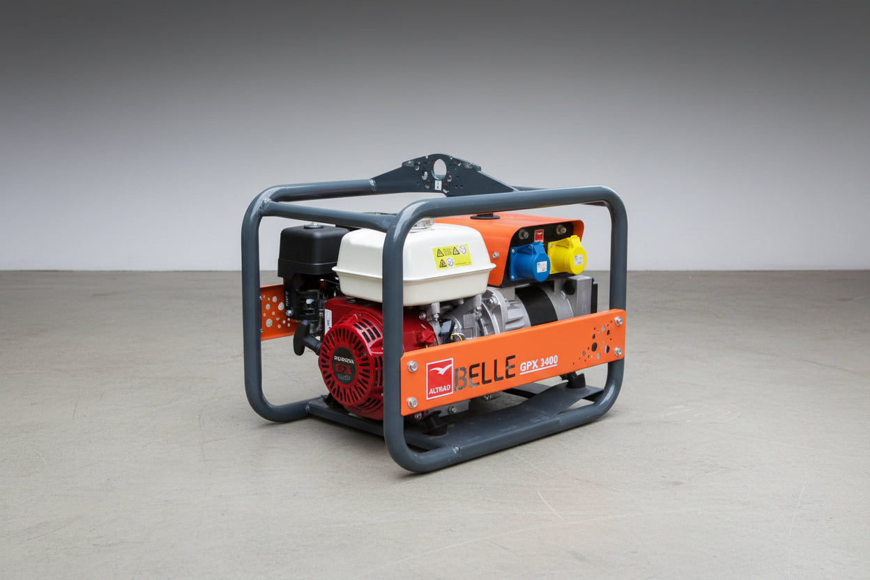 A portable gasoline generator with an orange and white frame, featuring a red engine, white fuel tank, and blue and yellow outlets, branded BELLE GPX 3400 by ALTRAO.