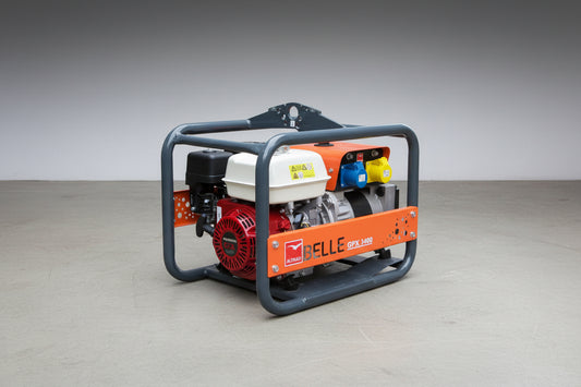 A portable gasoline generator with an orange and white frame, featuring a red engine, white fuel tank, and blue and yellow outlets, branded BELLE GPX 3400 by ALTRAO.