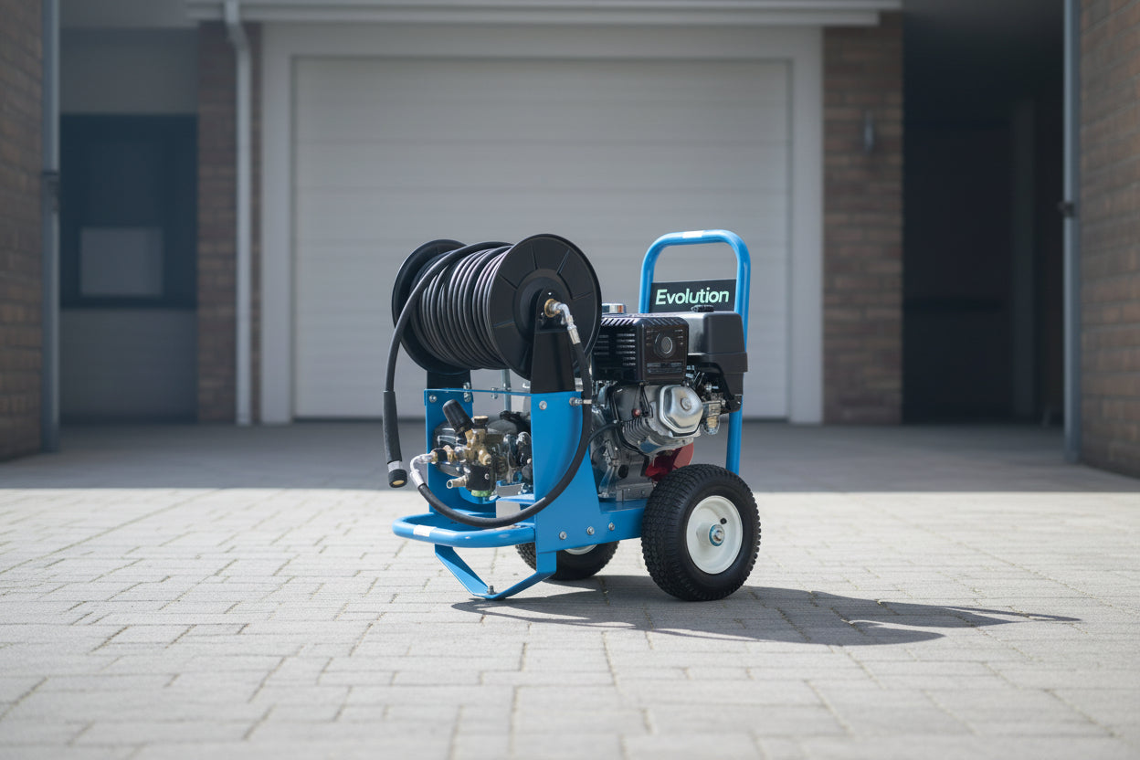 A blue and black Evolution brand portable pressure washer with an attached hose reel, mounted on a wheeled frame with a visible engine.