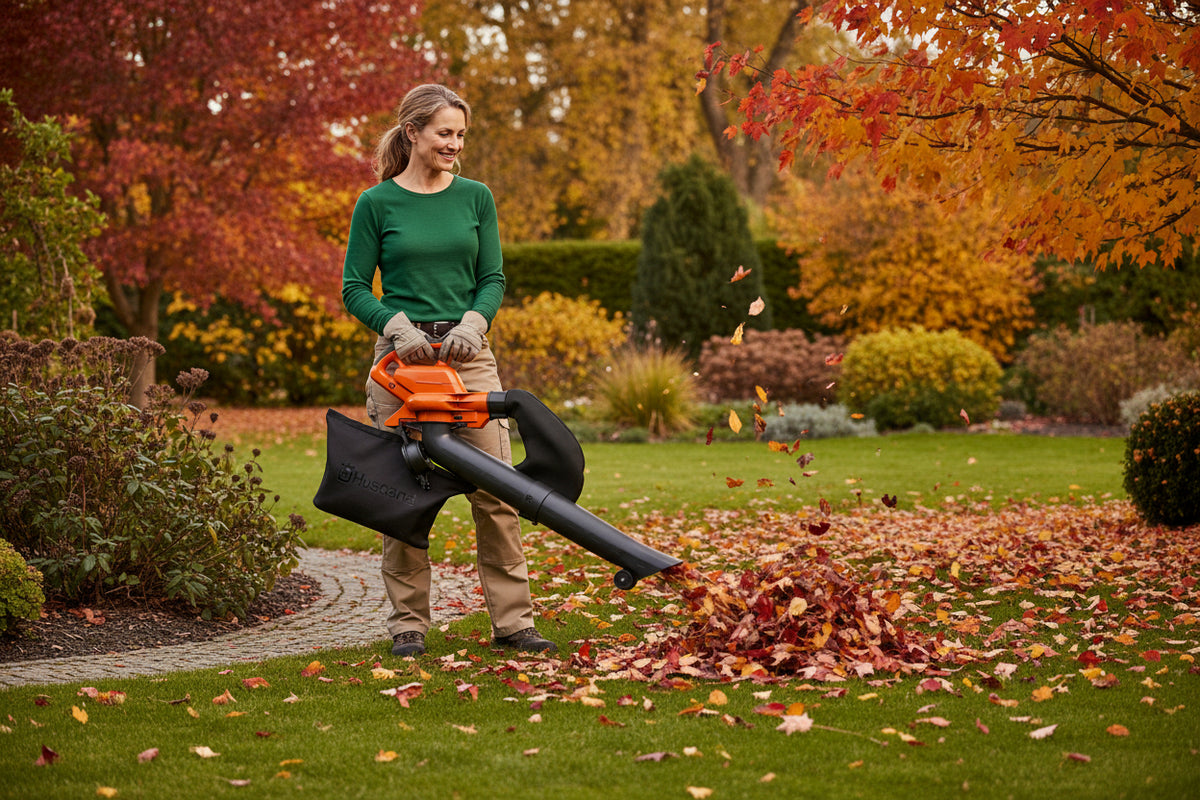 Husqvarna 120iBV battery-powered leaf blower/vacuum in the garden.