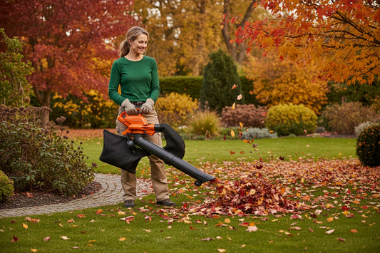 Husqvarna 120iBV battery-powered leaf blower/vacuum in the garden.