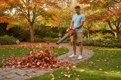 Orange and black leaf blower with Husqvarna branding on a white background