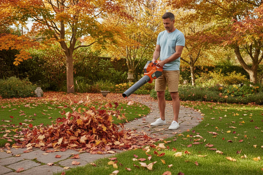Orange and black leaf blower with Husqvarna branding on a white background
