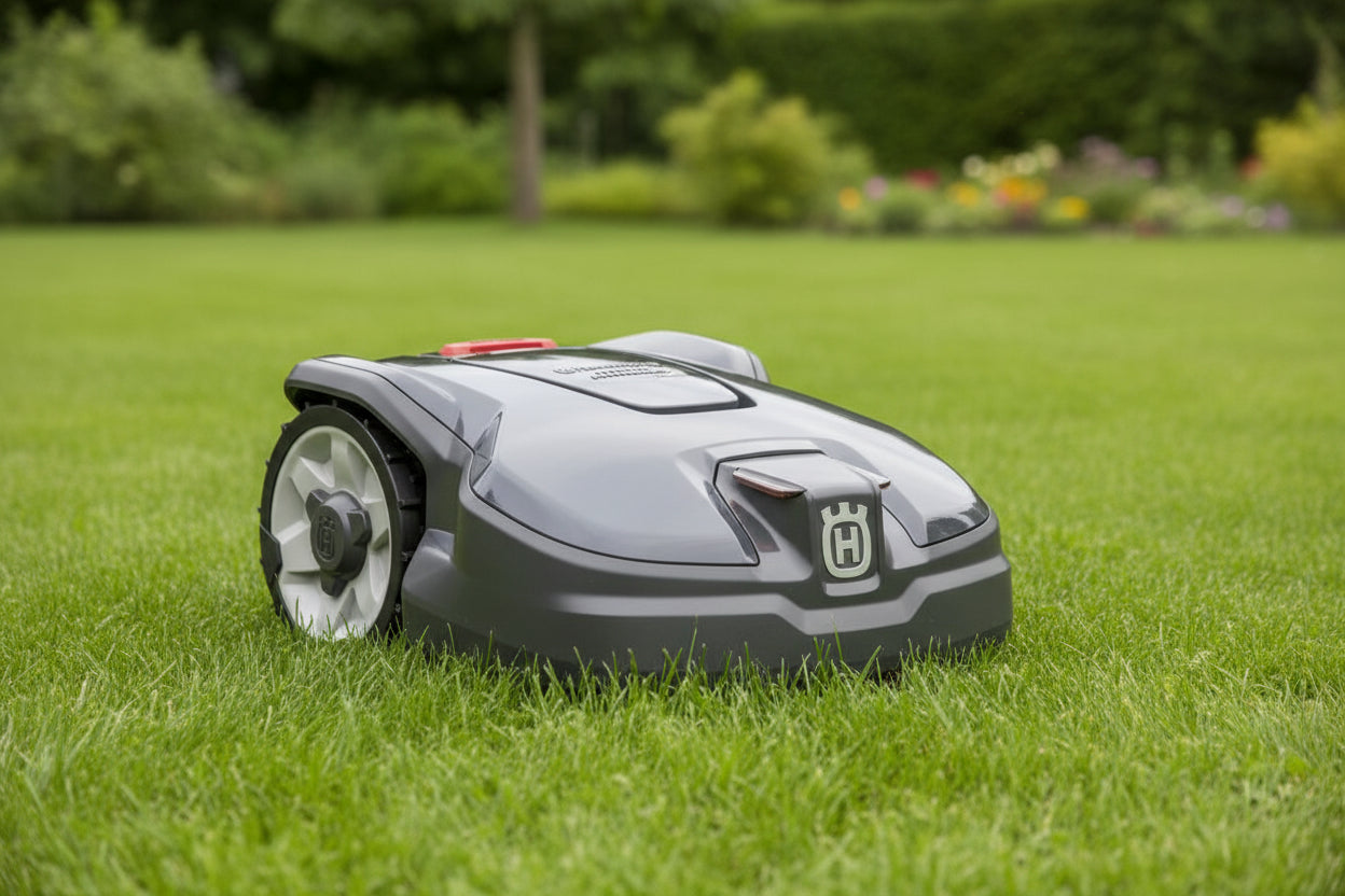 A Husqvarna robotic lawnmower in dark gray and black with a red emergency stop button on top, shown from a three-quarters angle - From Morgans Machinery