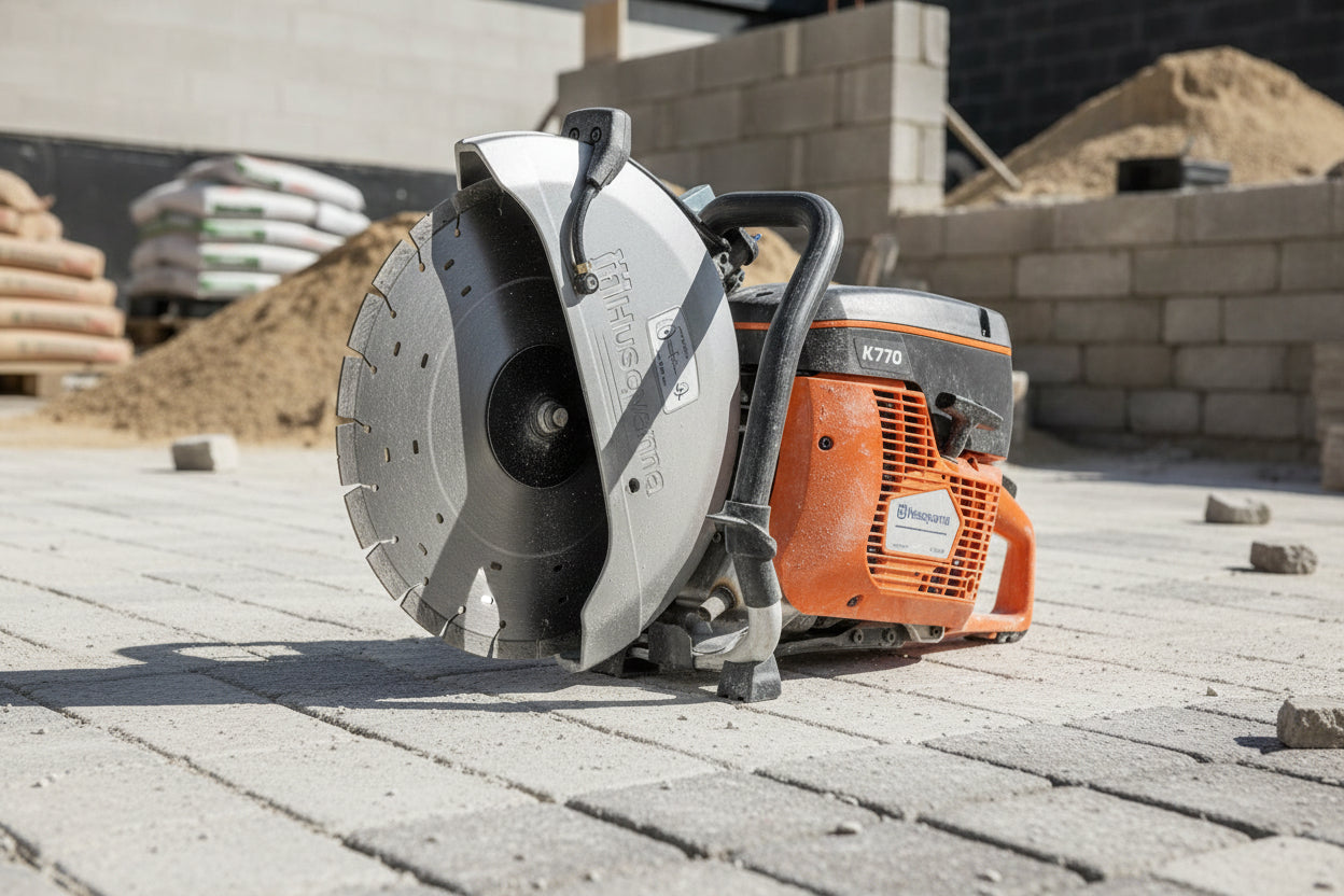 A Husqvarna K770 cordless diamond saw cut-off machine with an orange and black engine housing, a large silver circular saw blade, and a black handle - From Morgans Machinery