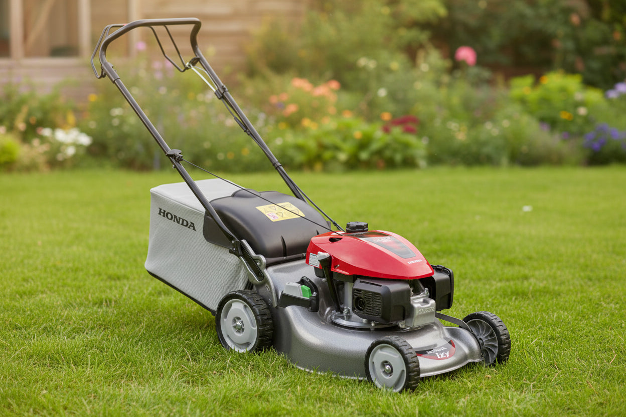 A Honda walk-behind lawn mower with a silver metal deck, black handle, and a bright red engine cover, shown on a plain white background.