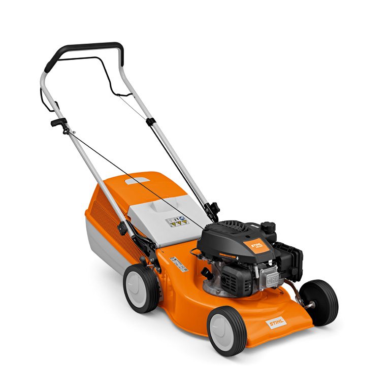 Orange and grey Stihl RM248 lawn mower on a white background