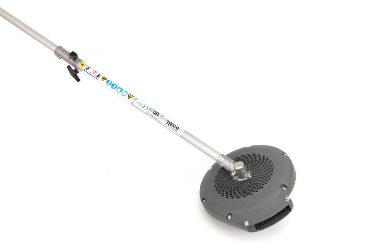 A string trimmer attachment with a long silver metal shaft, black adjustment knob, and a circular gray cutting head, shown on a plain white background.