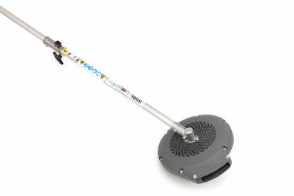 A string trimmer attachment with a long silver metal shaft, black adjustment knob, and a circular gray cutting head, shown on a plain white background.