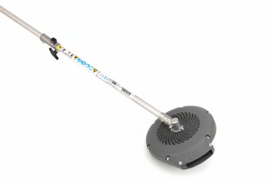 A string trimmer attachment with a long silver metal shaft, black adjustment knob, and a circular gray cutting head, shown on a plain white background.