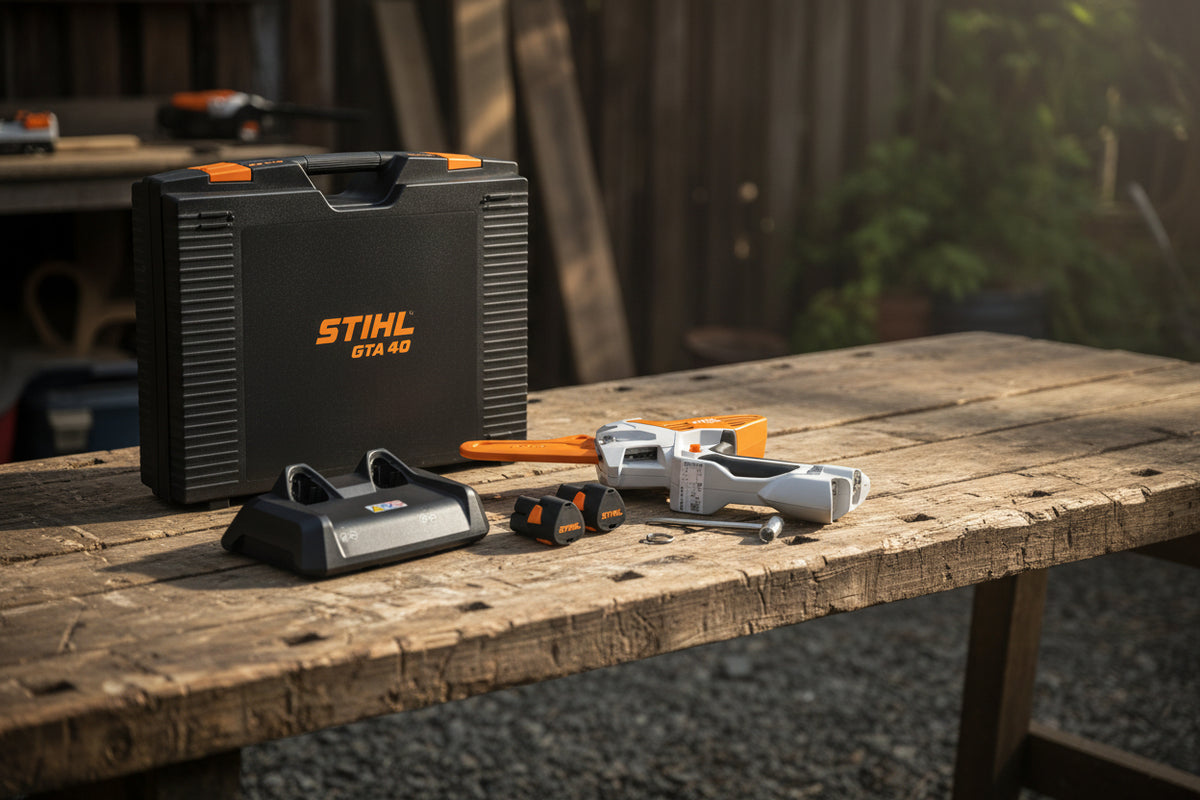 STIHL GTA 40 power tool set with case, tool, batteries, and accessories on a white background