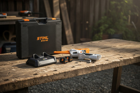 STIHL GTA 40 power tool set with case, tool, batteries, and accessories on a white background