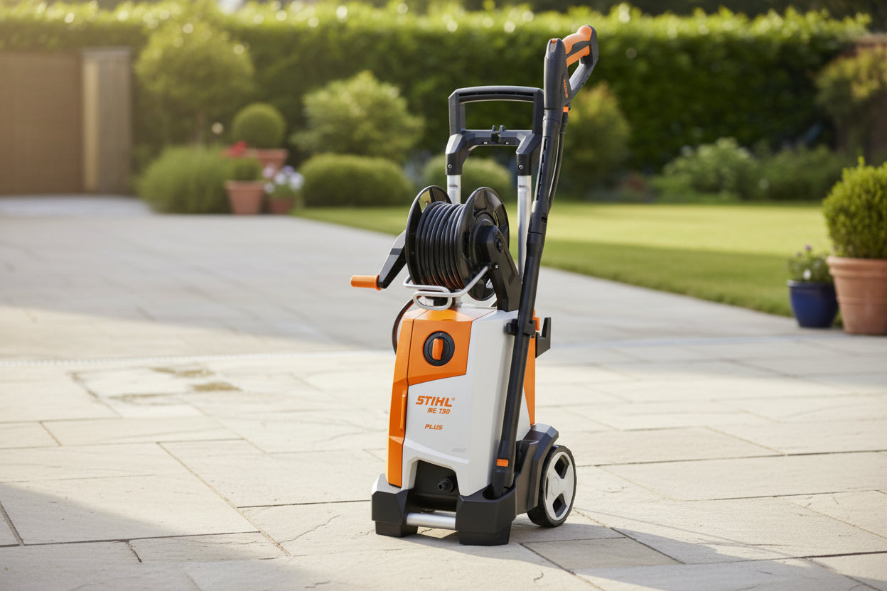 A STIHL high-pressure washer with an orange and white body, black hose reel, and black handle, shown on a plain white background.