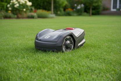 A Husqvarna robotic lawnmower in dark gray with a red button and a white Husqvarna logo on the front, shown on a light gray background.