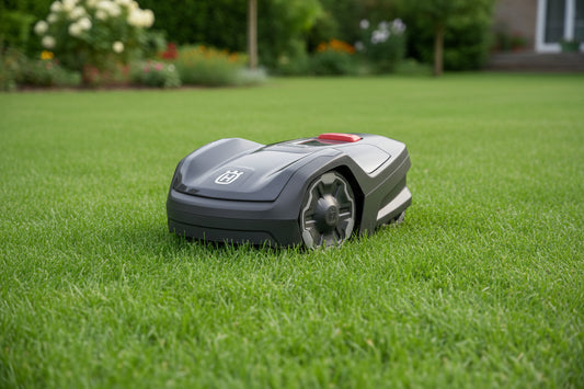 A Husqvarna robotic lawnmower in dark gray with a red button and a white Husqvarna logo on the front, shown on a light gray background.