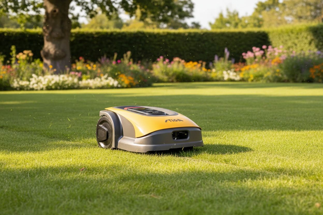 A robotic lawnmower with a yellow and gray body is shown on a freshly mowed green lawn in a sunny garden setting.