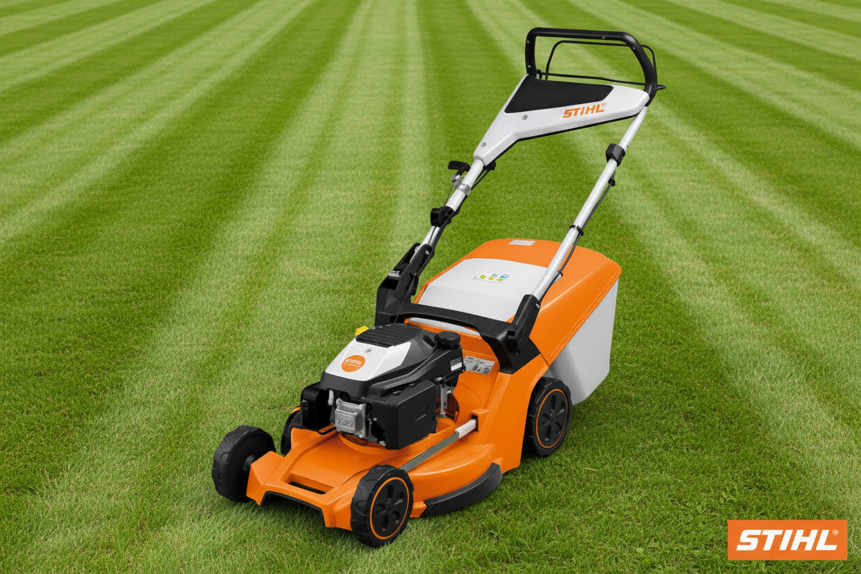 Stihl Orange and gray lawn mower on a white background