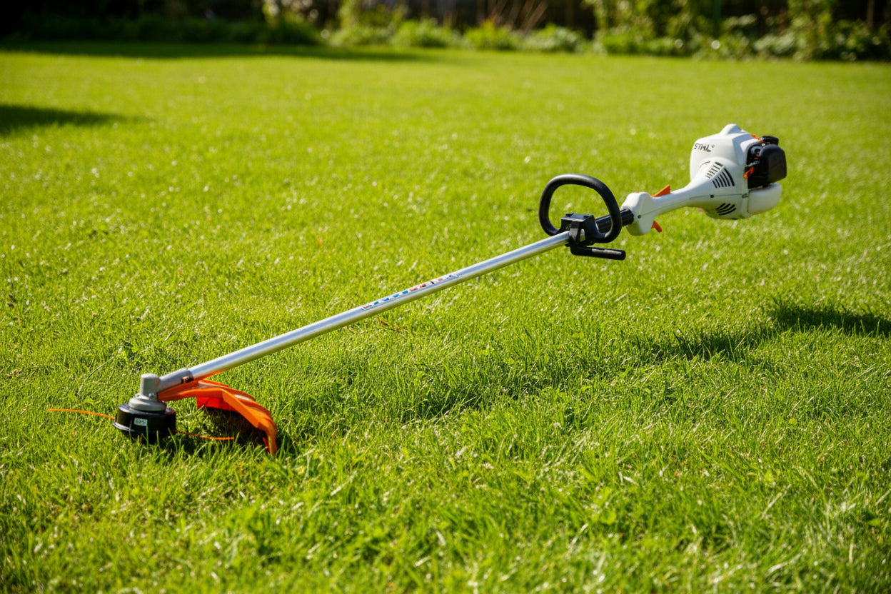 A string trimmer mower with a white engine, black handle, and orange guard, resting on a bright green grass lawn.