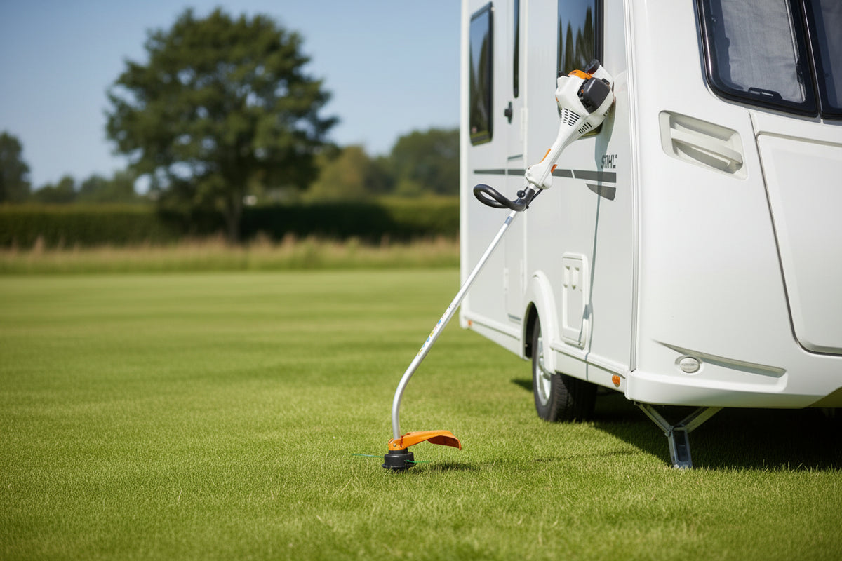 Morgans Machinery Stihl FS38 Strimmer leaning up against a caravan