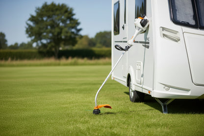 Morgans Machinery Stihl FS38 Strimmer leaning up against a caravan