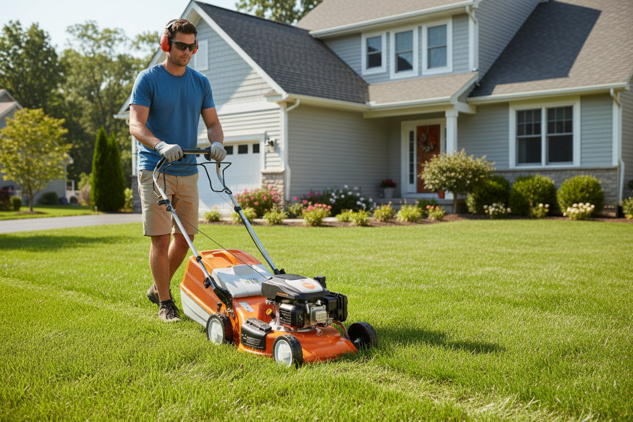 A man wearing ear protection and sunglasses pushes an orange and black lawnmower across a green front yard in front of a suburban house.