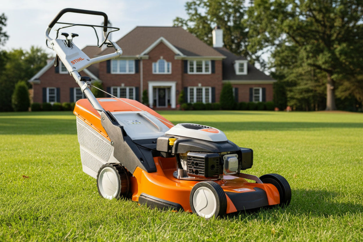 An orange and silver Stihl walk-behind lawn mower parked on a green lawn with a large brick house and trees in the background.