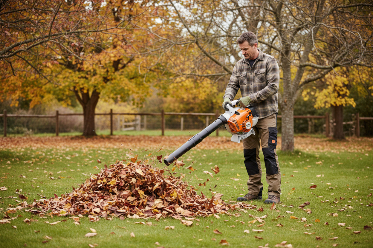Stihl leaf blower being used outside blowing loads of autumn leaves on a open field.