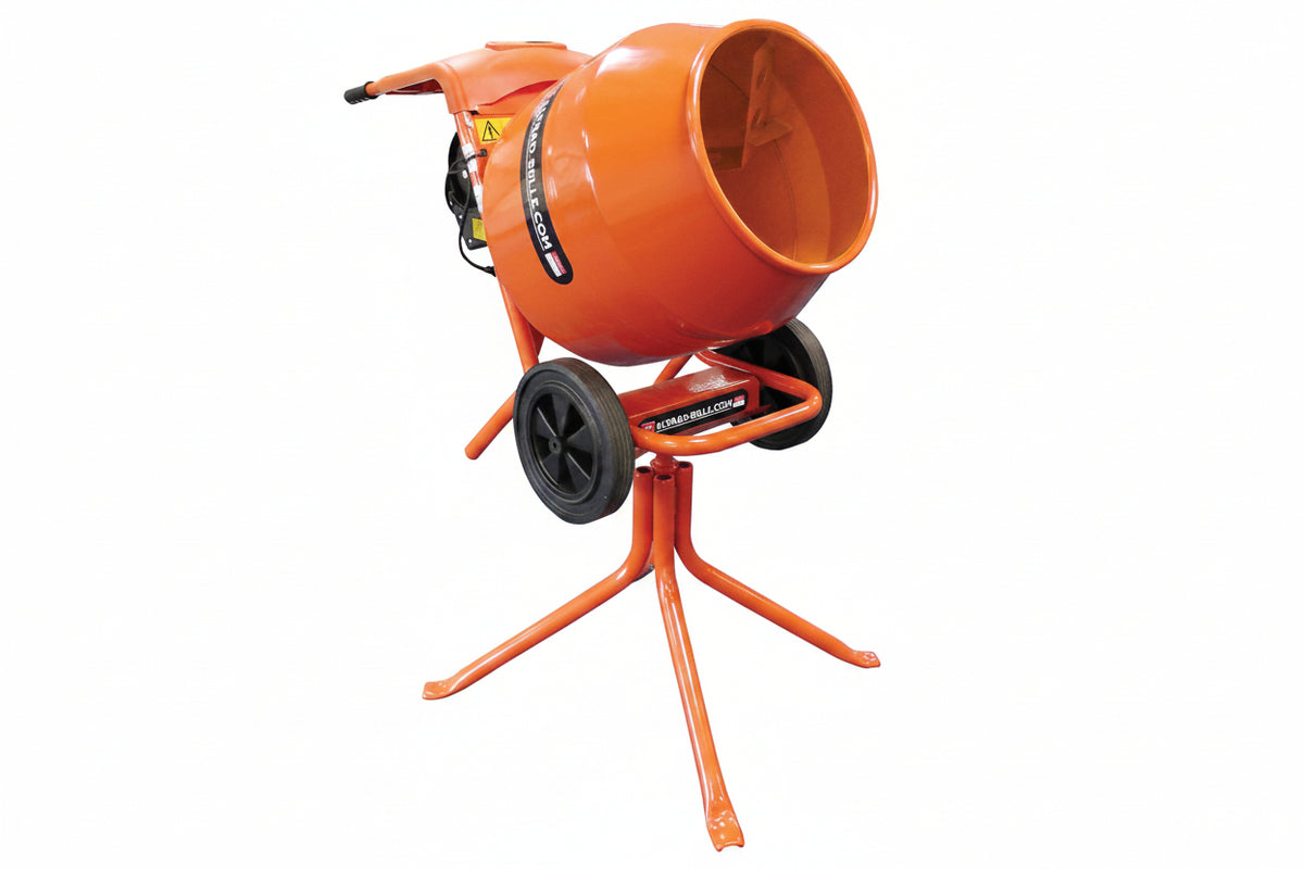 An orange electric concrete mixer with a three-legged stand, two black wheels, and a black handle, shown on a solid white background.